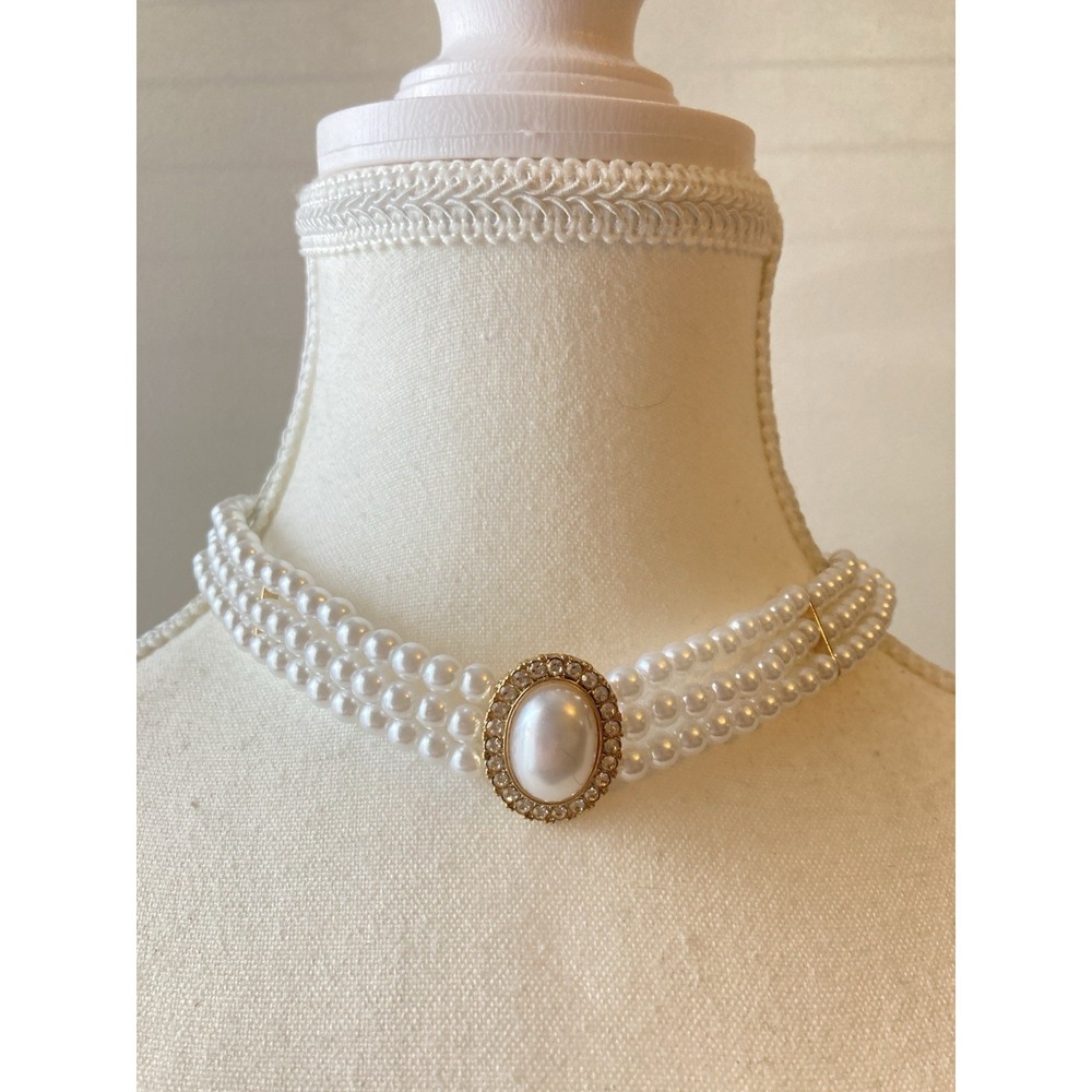 Faux Pearl 3 Strand Choker Necklace Romantic Rhinestone Victorian Revival Bridal